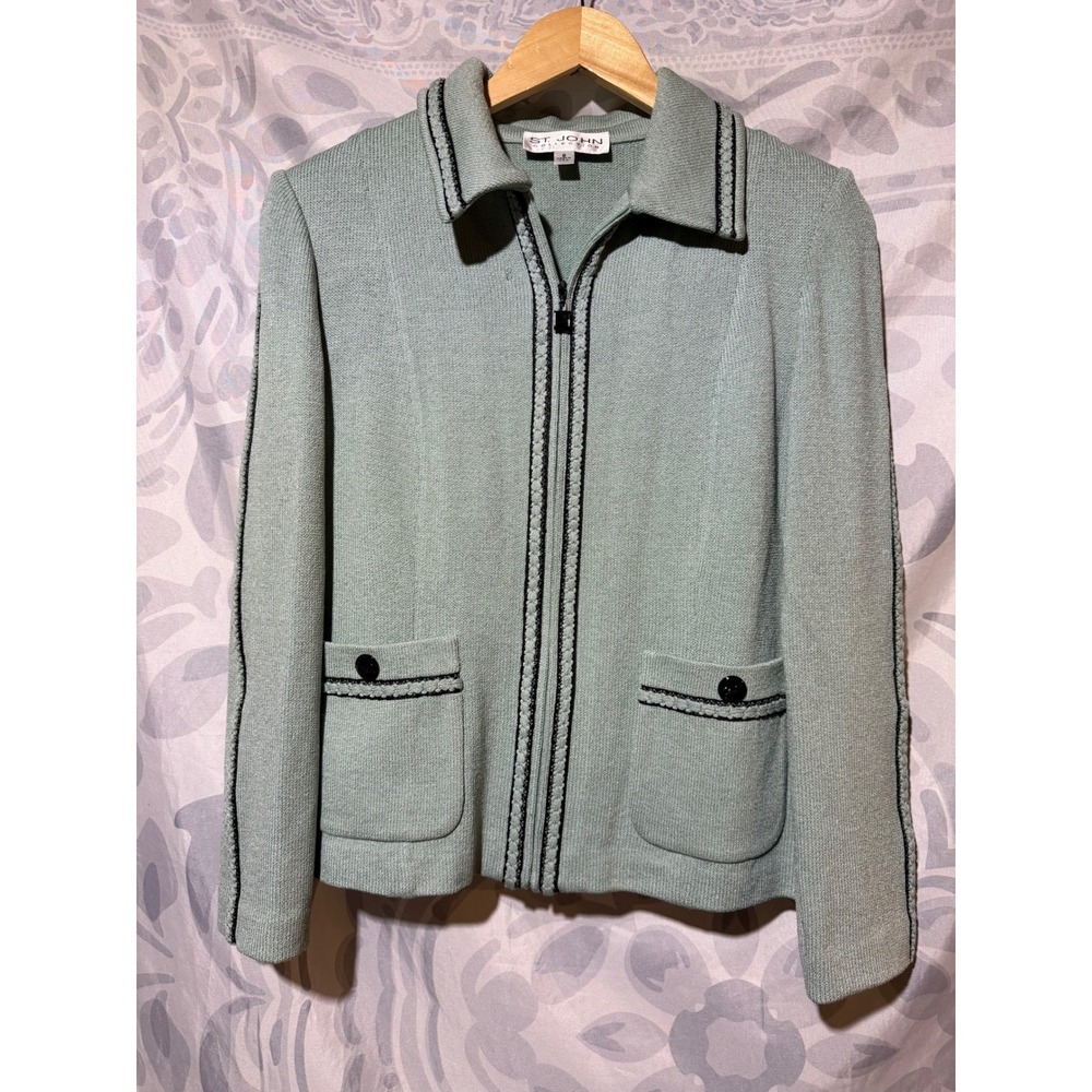 Vtg St John Collection Zip Up Cardigan Jacket Mint Green Blck Cream Knit Size 8